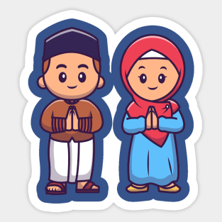 Cute Girl And Boy Moslem Celebrating Ied Mubarak Cartoon Sticker